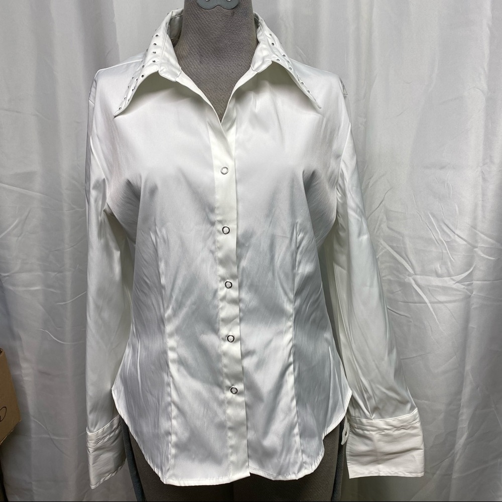Antilia Femme studded collar buckled cuffs button down fitted blouse